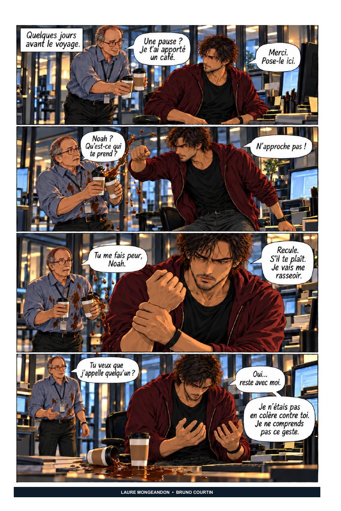 Deuxième planche de Neuroaurum : Noah traverse un moment de trouble au travail