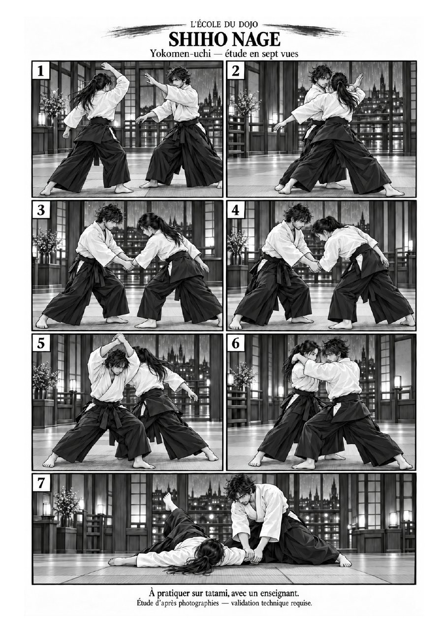 Planche noir et blanc montrant Shiho nage sur yokomen uchi en sept vues